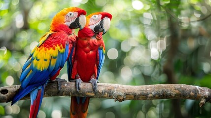 Scarlet macaws on branch, blurred background, facing each other, copy space, colorful exotic birds