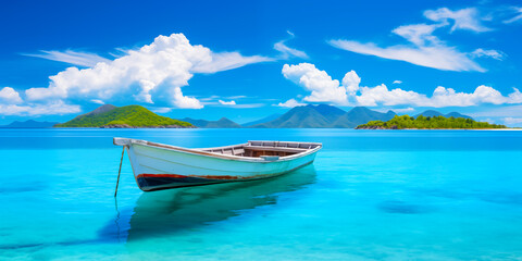 Old boat is moored near ocean. Empty boat in picturesque azure sea. Tropical seascape with hills in distance - obrazy, fototapety, plakaty