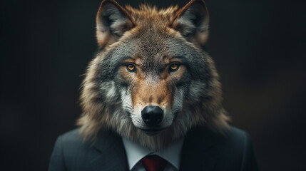 Obraz premium he majestic wolf commands attention dressed in sharp suit against a black background