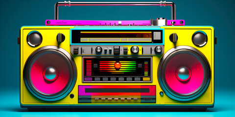 Multi-colored music center for dance disco. Music equipment for organizing parties. Retro style tape recorder