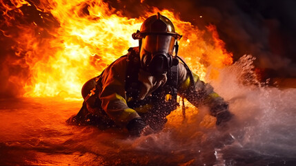 Naklejka premium Man firefighter walks waist-deep in water. Fireman extinguishes fire on river. Portrait of brave fireman in dark