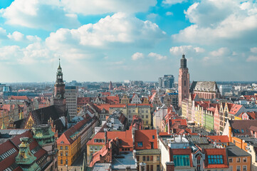 Aerial View of the Old Town of Wroclaw in Spring, Poland from the Bridge of Penitents