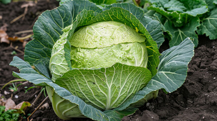 Fototapeta premium On a sprawling farm, organic cabbage flourishes in the rich soil, framed by lush greenery under the warm glow of sunlight.