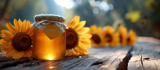 Rolgordijnen a jar of honey next to sunflowers © Dogaru