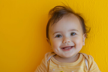 Fototapeta premium A delightful baby with captivating brown eyes beams joyfully on a vibrant yellow background, exuding innocence and happiness with a heartwarming smile.