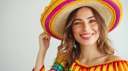 Young woman wearing sombrero and colorful clothes on white background. Fest and holiday concept.