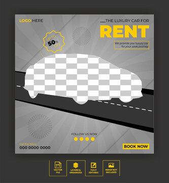 Rental Car Social Media or Instagram post template for Online Marketing Promotion Banner with Black, Orange and Blue Color Background.