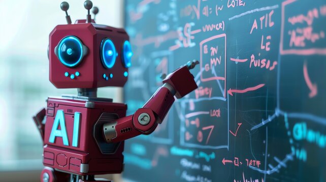 A cute red AI robot teaching AI from a blackboard, Tech of the future, Artificial intelligence, technology, future education