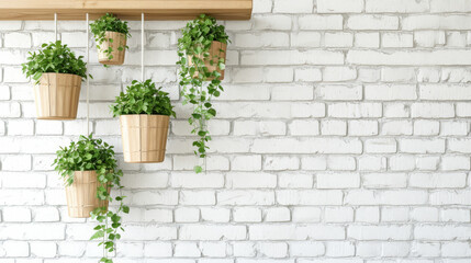 Plants in hanging pots sway gently against a backdrop of a clean white brick wall, adding a touch of natural beauty to the urban environment.