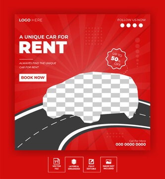 Rental Car Social Media or Instagram post template for Online Marketing Promotion Banner with Black, Orange and Blue Color Background.