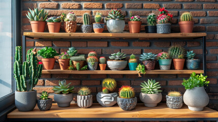 Fototapeta na wymiar Various cacti, individually potted, embellish a wooden shelf set against a rustic brick wall.
