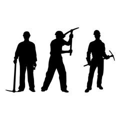 Worker using pickaxe silhouettes on a white background.