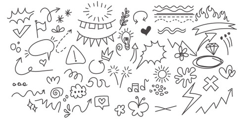 Charcoal pen liner doodle texture elements, crown, emphasis arrow, speech bubble, scribble. Handdrawn cute cartoon pencil sketches of decorative icons
