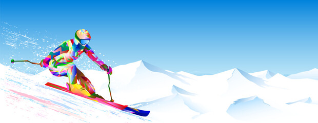 Alpine skier athlete. A quick descent against the backdrop of the sky and snow-capped peaks. The athlete is actively involved in skiing. Downhill and slalom. Bright-colored figure of a skier skiing