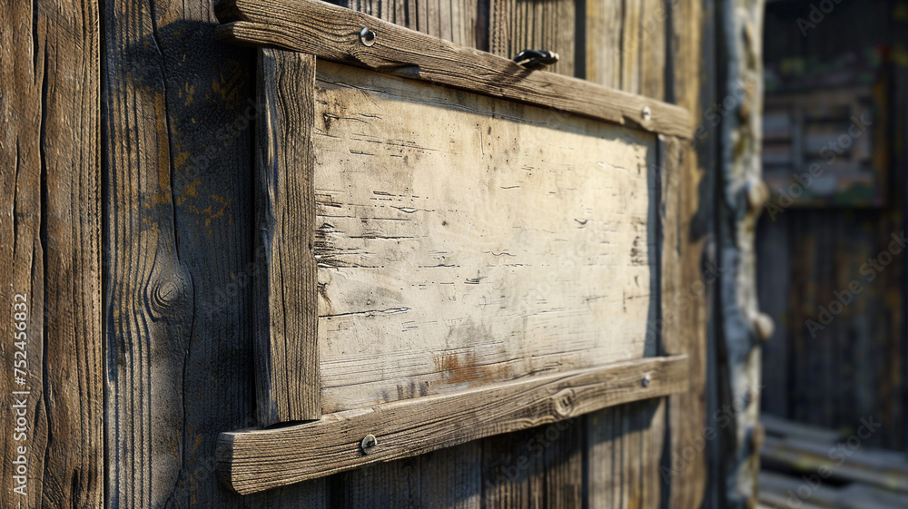 Poster a rustic 3d mockup of a wooden signboard on a weathered wood background, featuring an empty space on