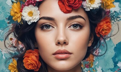 Naklejka premium A woman with long brown hair and a flowery headdress