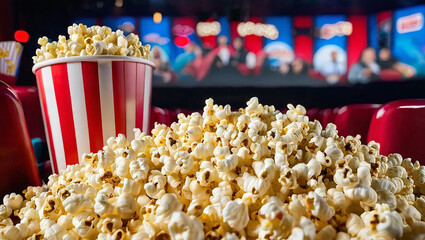 Close up image of a red and white striped popcorn cup with lots of popcorn in a movie theater