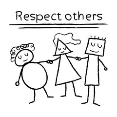 Respect. Vector illustration in hand drawn pencil style. A social issue. For web. Black on white