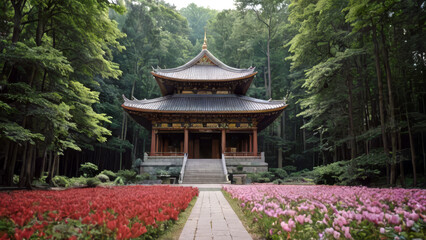 A Buddhist temple in a forest with a stone path surrounded by flowers. Soft afternoon light.