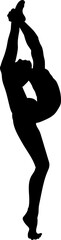 A black silhouette of a gymnast performing a standing split exercise is depicted in a vector illustration against a white background. The illustration captures the grace, flexibility, and elegance of 