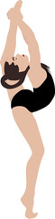 A vector illustration depicts a gymnast executing a standing split on a white background. The illustration captures the grace, flexibility, and elegance of the movement, showcasing precision and energ