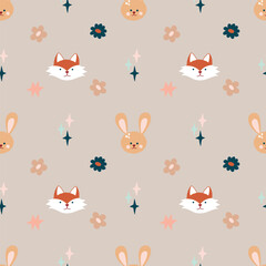 Cute bohemian baby seamless pattern with cute fox, rabbit in boho style in warm pastel colors.