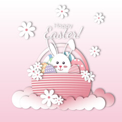 pink easter vector isolated basket with colorful eggs and cute white bunny paper cut effect