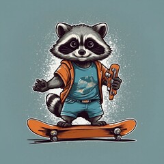 Design a minimalist flat logo featuring a cute raccoon playing with a skateboard and a metal hand, illustrating the fusion of animal whimsy and sports in a vector icon