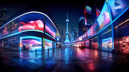 Visualize the bustling energy of a futuristic cityscape at night illuminated by neon lights and holographic advertisements