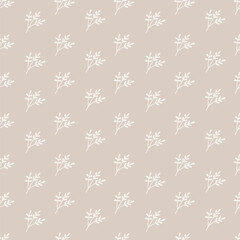 Cute bohemian baby seamless pattern with twigs, leaves, herbs, plants in boho style in warm pastel colors.