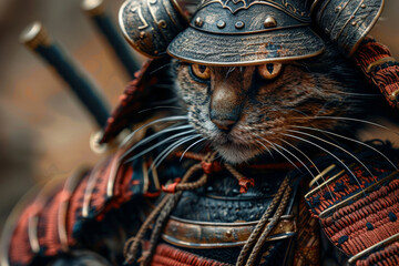 The stoic face of a cat samurai with detailed armor that tells tales of past glories, close up shot