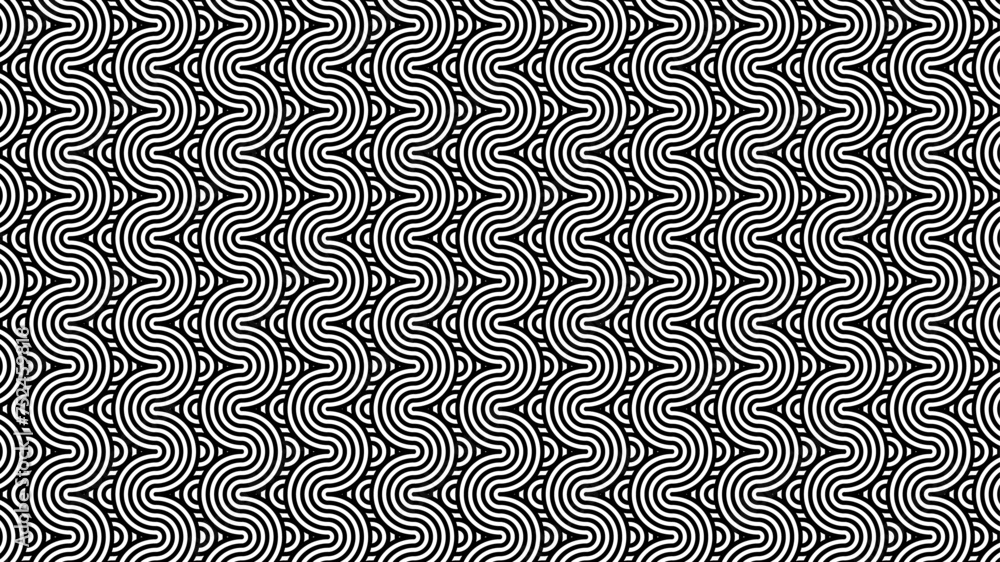 Poster black and white overlapping repeating wave circles pattern background. abstract geometric overlappin