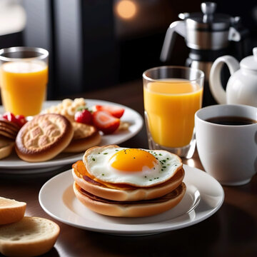 Galletas fresas zumo de naranja pan huevo y café junto a una cafetera sobre una mesa en una cocina