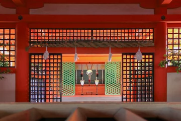 Zelfklevend Fotobehang Traditional Japanese Shrine Interior With Torii Gate and Lanterns © JeanLuc