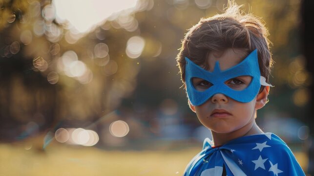 Confident young child in superhero costume with cape looking forward