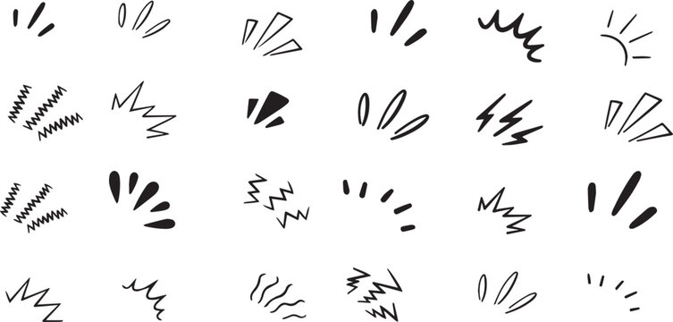 Doodle line sparkles and rays. Hand drawn explosion lines confetti, sun burst, decorative effect surprise elements. Sketch comic celebrating splash and sign. Vector