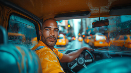 Cab driver posing in the car