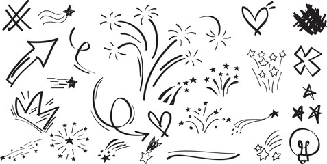 doodle line sparkles and rays. hand drawn explosion lines confetti, sun burst, decorative effect surprise elements. sketch comic celebrating splash and sign. vector