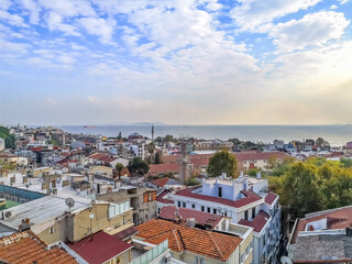 Top view of the rooftops of Istanbul and the Sea of Marmara on the horizon, Turkey. Drone view of the cityscape on the coastline of a Turkish city