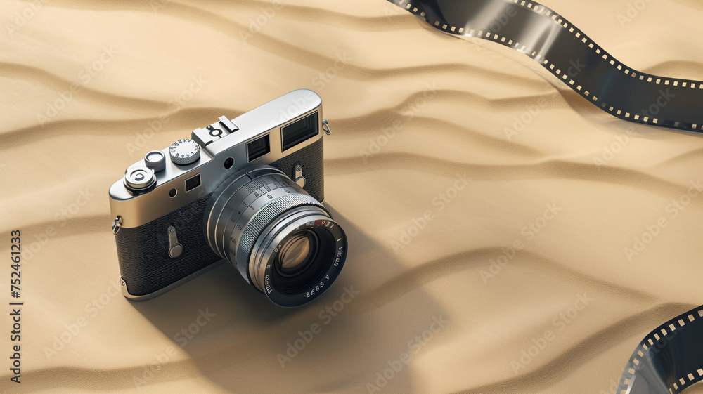 Poster a vintage-inspired 3d mockup of a film camera on a retro filmstrip background, with an empty space n