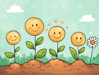 Coins accumulate in a humorous cartoon illustrating growth and savings