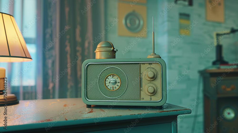 Poster a vintage-inspired 3d mockup of a retro radio on a nostalgic background, with blank space on the dia