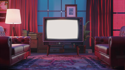 A vintage-inspired 3D mockup of a retro television set on a nostalgic living room background, with blank space on the screen for displaying custom graphics or advertising messages.