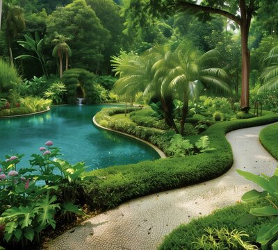 To mark World Hypertension Day, conjure an image of serene tranquility set within a lush botanical garden. A winding path leads through a verdant paradise