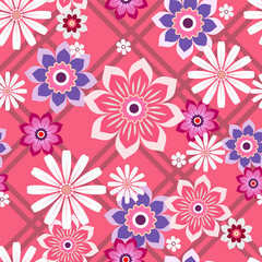Fototapeta na wymiar Vector illustration of floral pattern. Various flowers on a dark pink background. Diagonal cell.