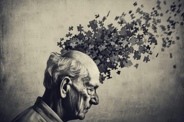 Elderly senior old man suffering from dementia with puzzles on head loosing memory