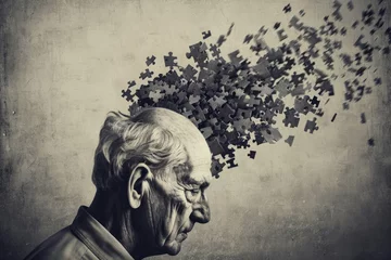 Foto op Canvas Elderly senior old man suffering from dementia with puzzles on head loosing memory © stopabox
