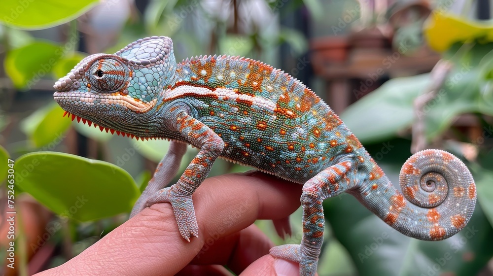 Poster colorful chameleon close-up with intricate patterns on green background
