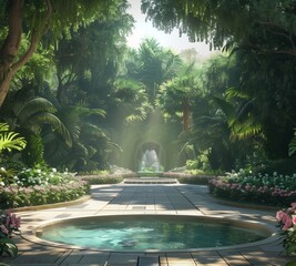 To mark World Hypertension Day, conjure an image of serene tranquility set within a lush botanical garden. A winding path leads through a verdant paradise