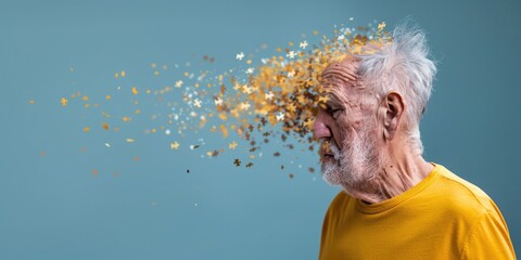 Elderly senior old man suffering from dementia with puzzles on head loosing memory